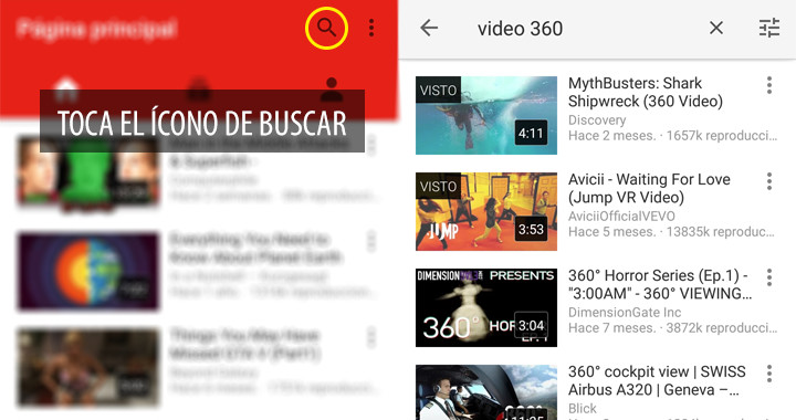 Búsqueda de Vídeos 360 en la App de YouTube